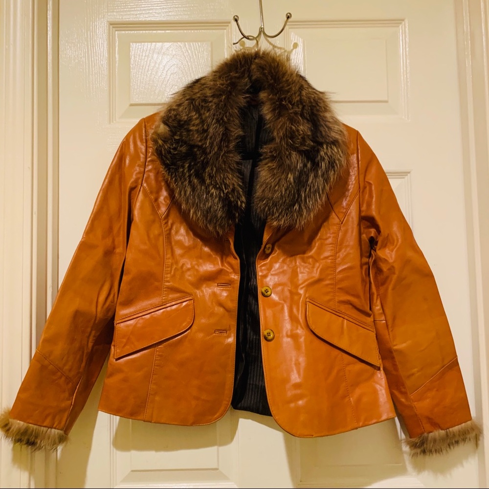 Italian Real Leather and Fur Jacket Tan Medium